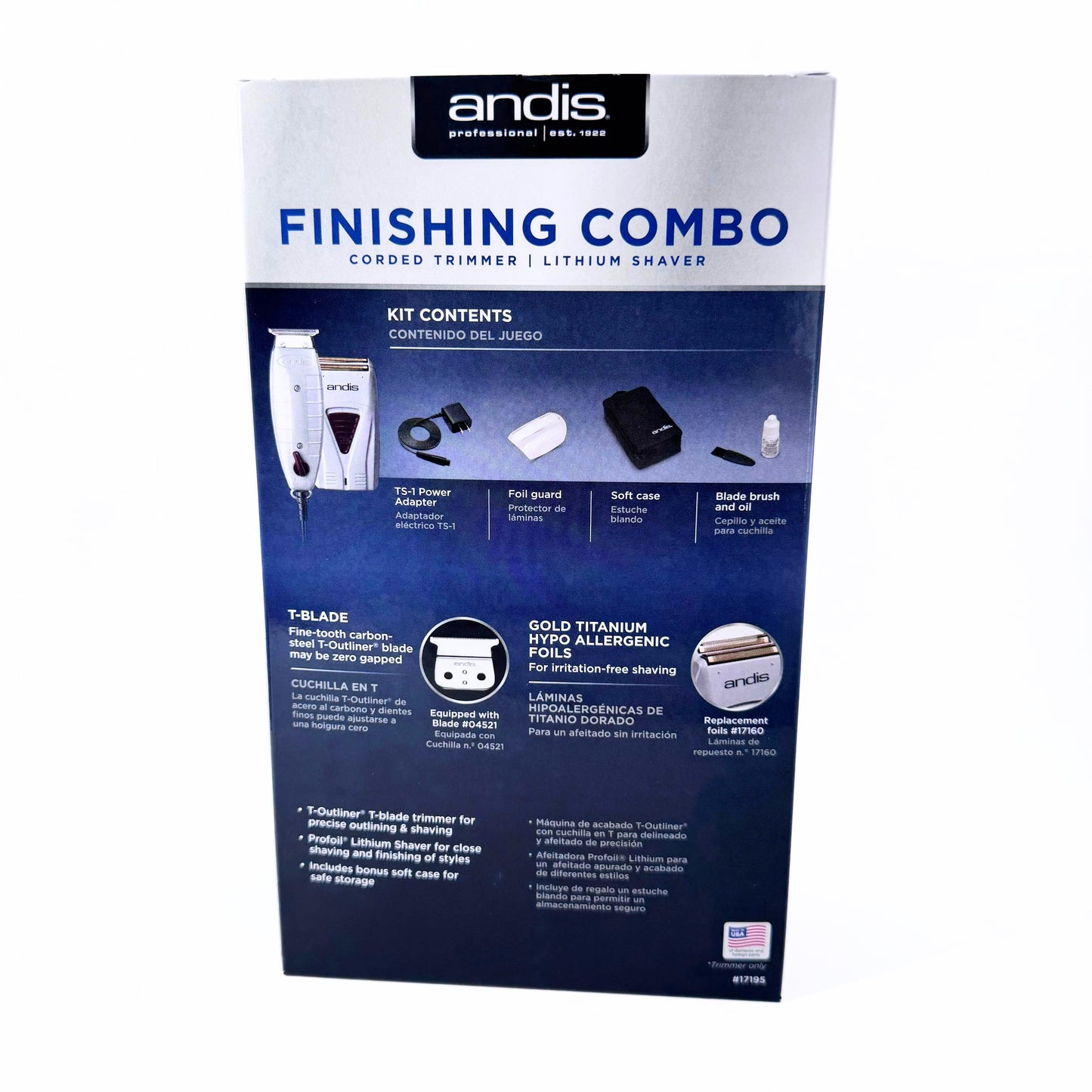 Andis Finishing Combo T-Outliner Trimmer and Pro Foil Lithium Shaver 17195 back of box