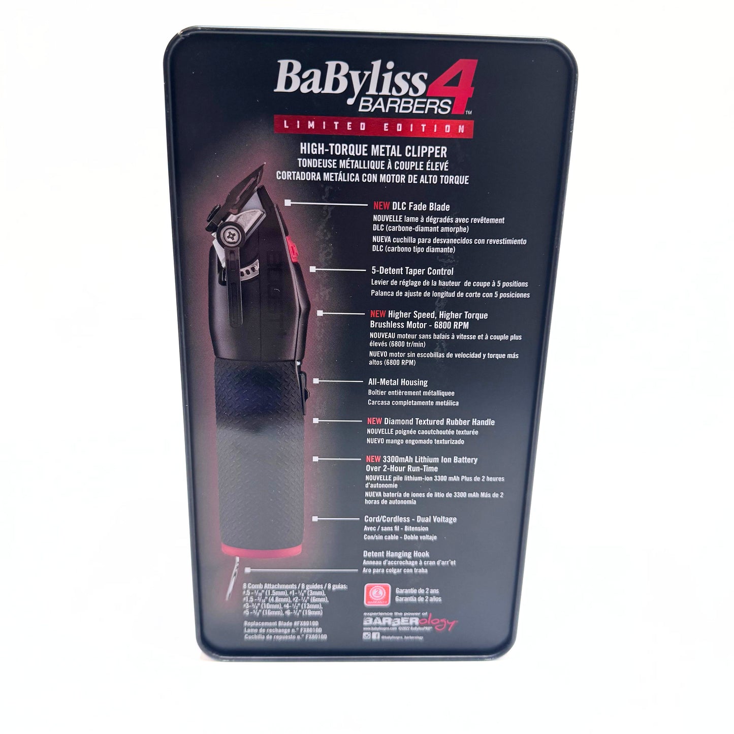 BaBylissPRO Influencer Collection Boost+ Cordless Clipper (Black/Red) FX870RI back of box