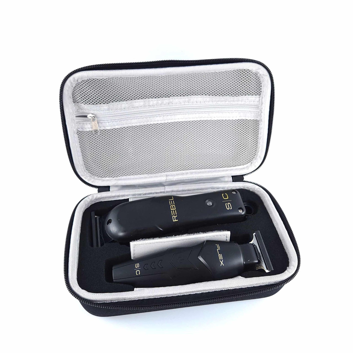 StyleCraft Pro Super Set Black Rebel Clipper & Flex Trimmer SC326B Open Case with Clipper Revealed