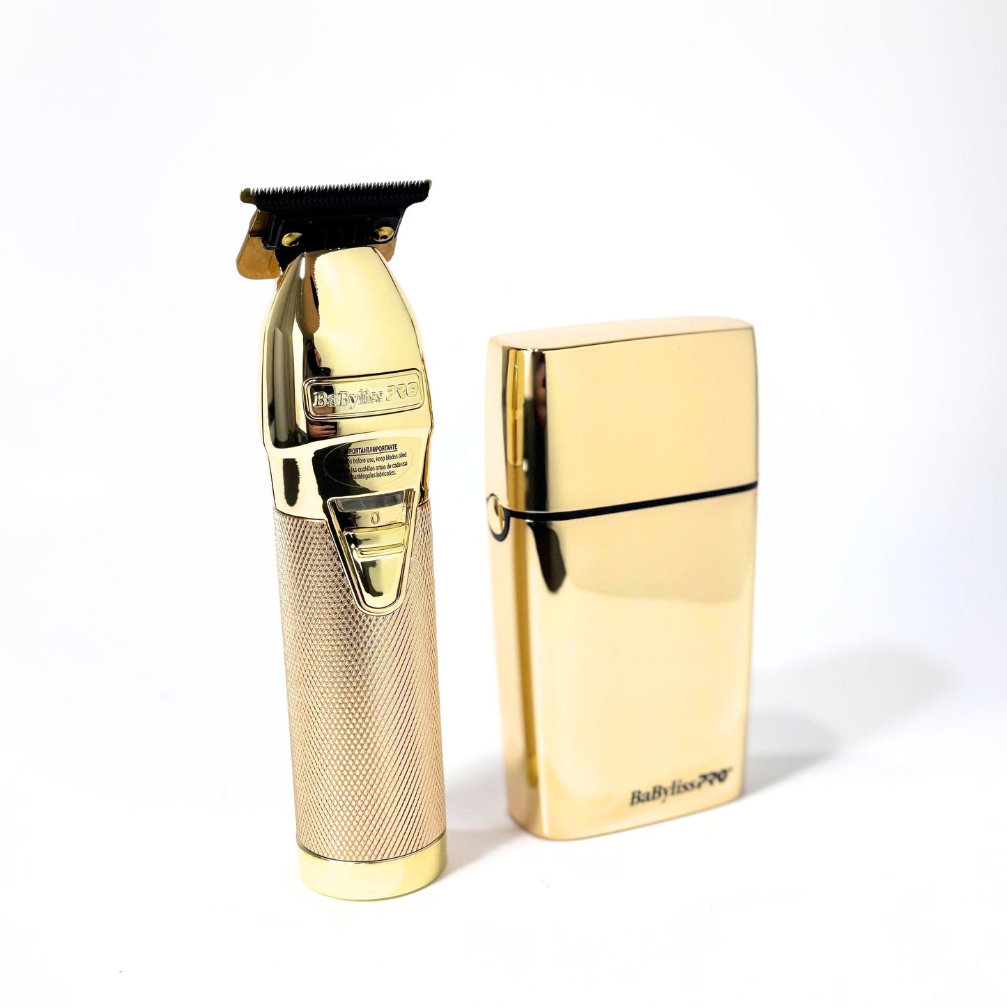 babylisspro goldfx trimmer and double foil shaver combo standing upright