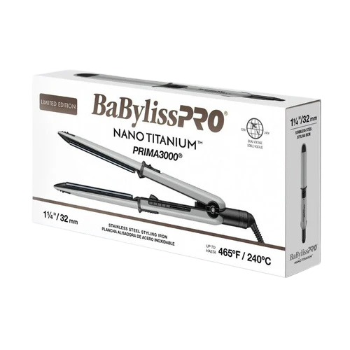 BaBylissPRO BNT3000TGY Stainless Steel Limited Edition 1.25" Nano Titanium Prima 3000 Styling Flat Iron – Grey
