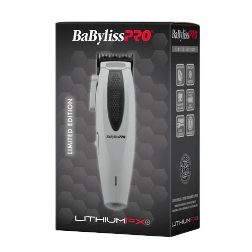BaBylissPRO LithiumFX+ Limited Edition Cordless Clipper – Grey FX673NSGY box angle