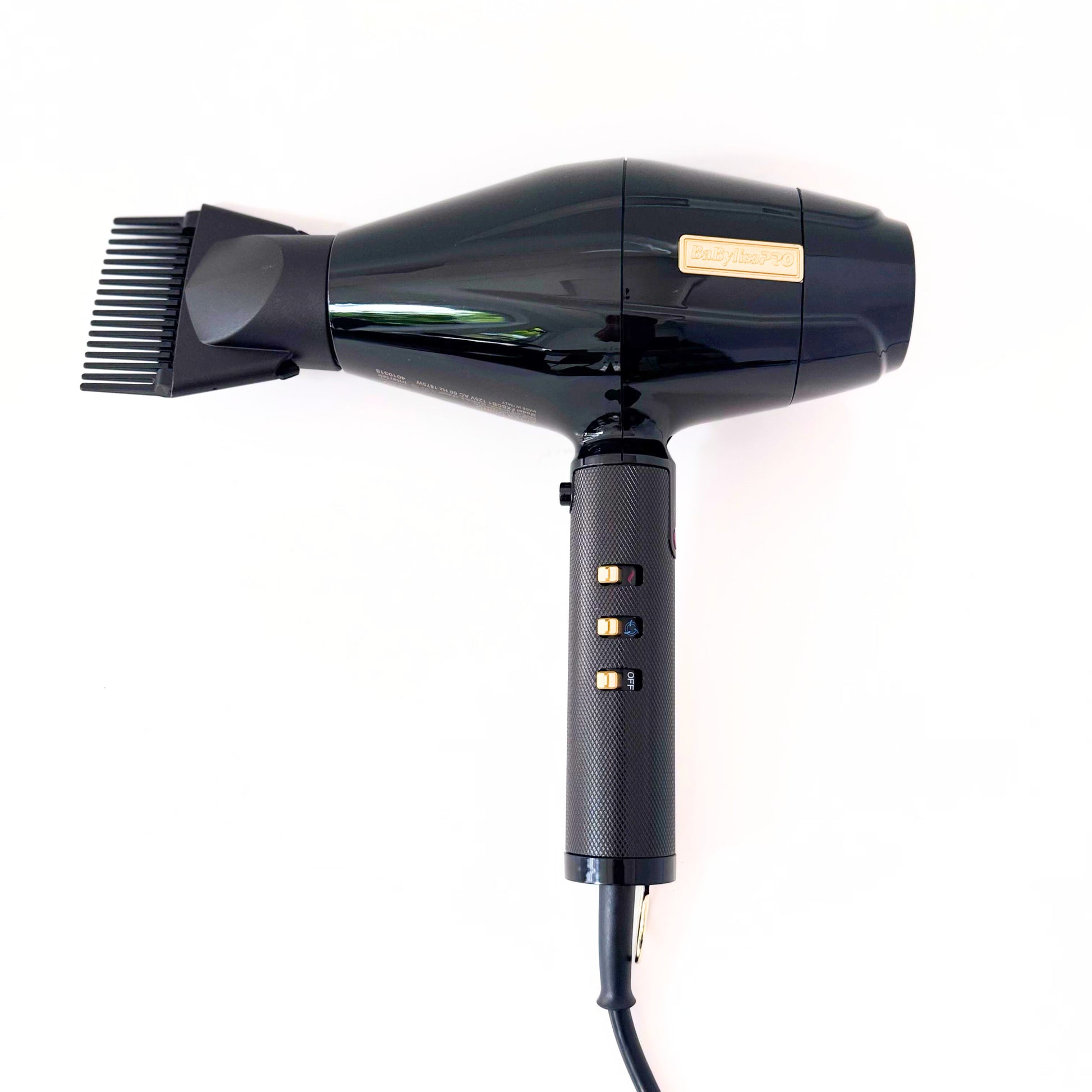 BaBylissPRO BlackFX Hair Dryer Influencer Edition FXBDB1 Lightweight Blow Dryer side view with nozzle