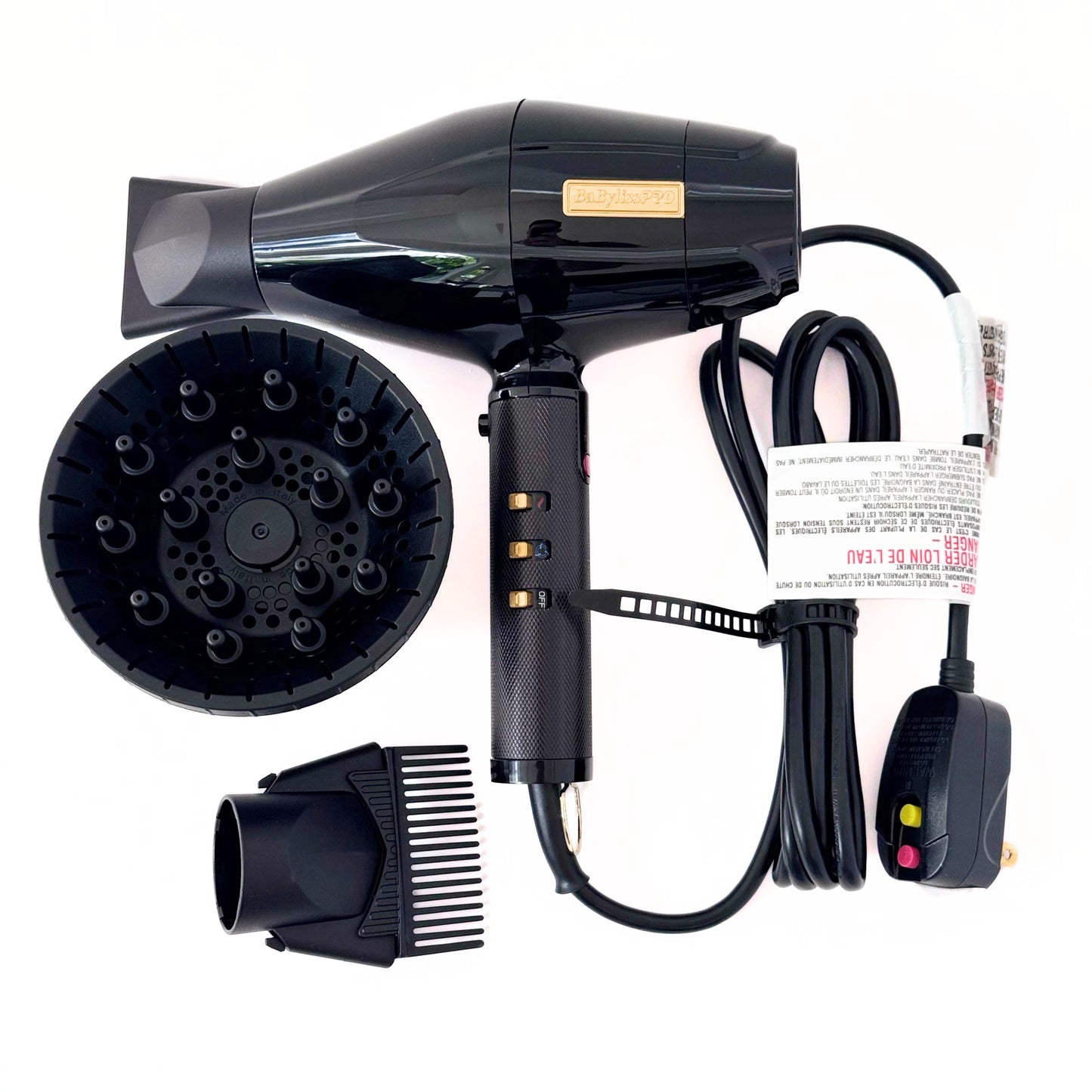BaBylissPRO BlackFX Hair Dryer Influencer Edition FXBDB1 Lightweight Blow Dryer side view with nozzle and accessories