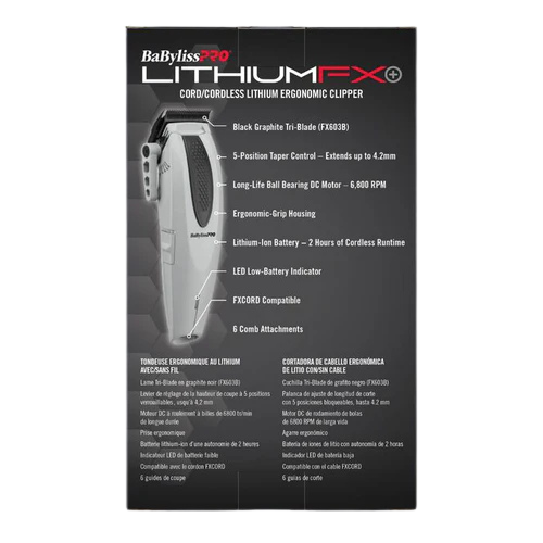 BaBylissPRO LithiumFX+ Limited Edition Cordless Clipper – Grey FX673NSGY box back