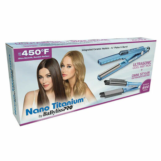 BaBylissPRO Nano Titanium 1-1/4" Ultrasonic Cool Mist Flat Iron & Omni Styler Set BABNTPP17 front boxxy