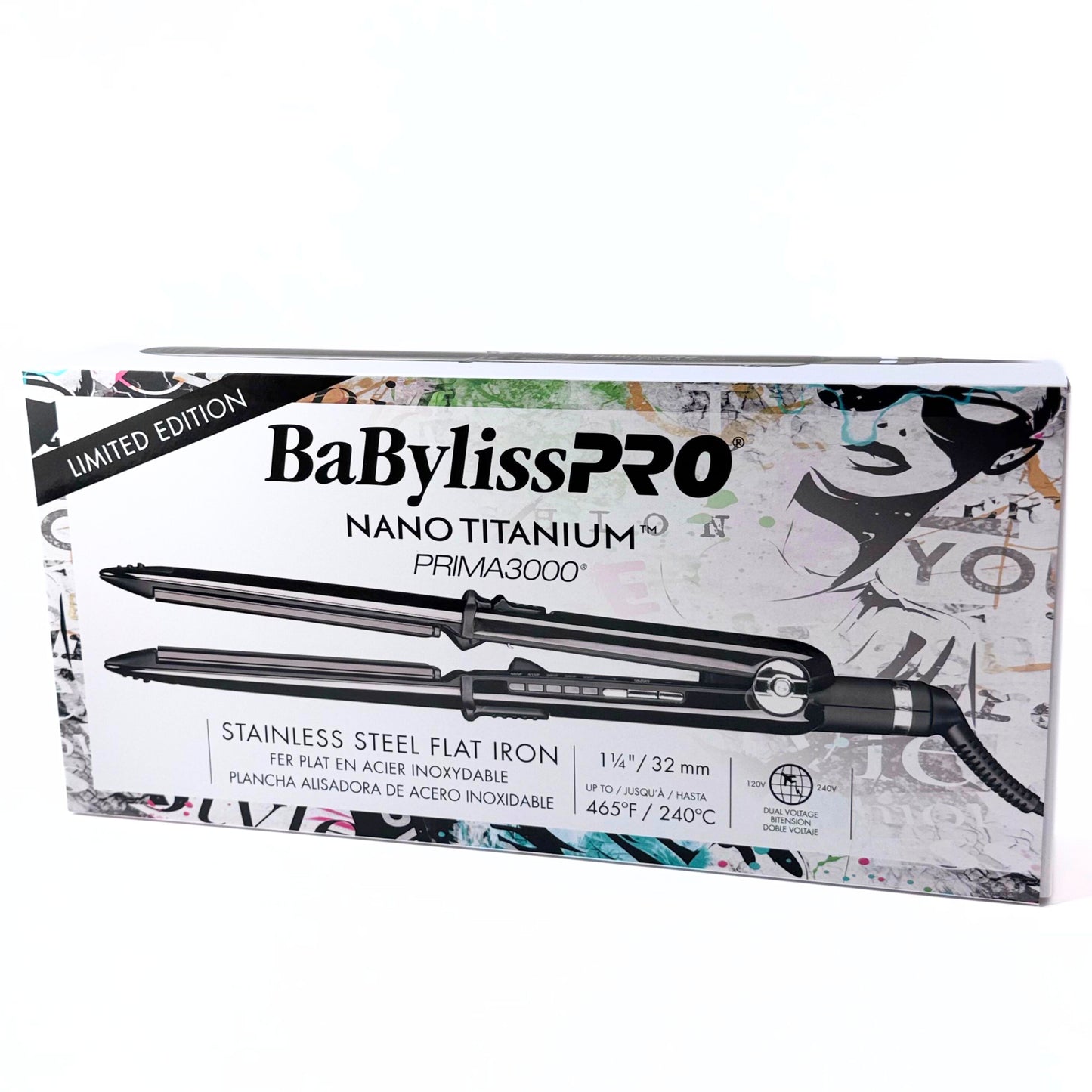 BaBylissPRO Prima 3000 Black Stainless Steel Flat Iron BNTBK3000TUC – Professional Hair Straightener the front of box