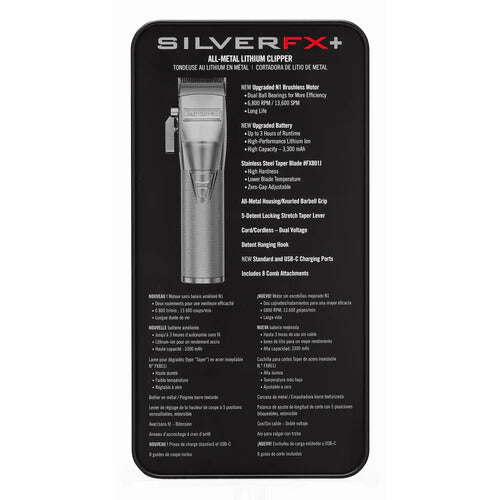 BaBylissPRO SilverFX+ Cordless Clipper High Performance FX870NS back of box