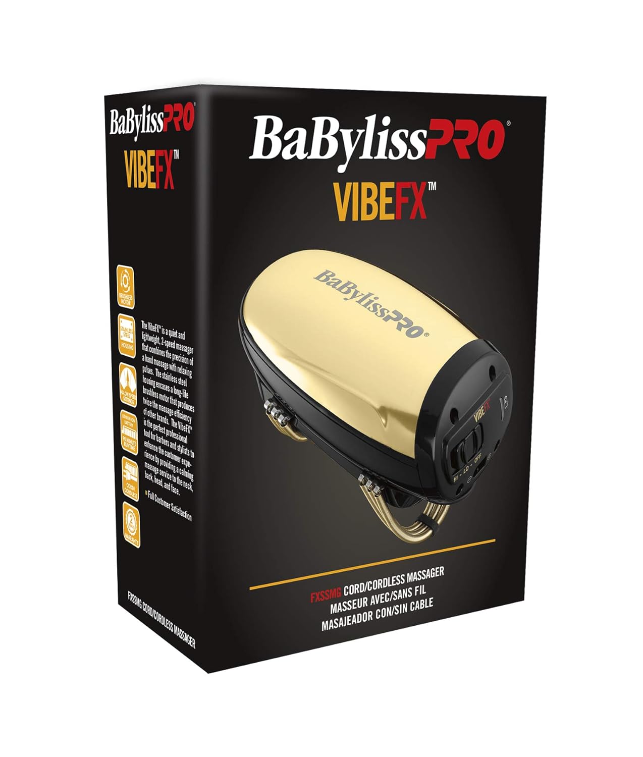 BaBylissPRO VibeFX Gold 2‑Speed Cord/Cordless Professional Massager – FXSSMG
