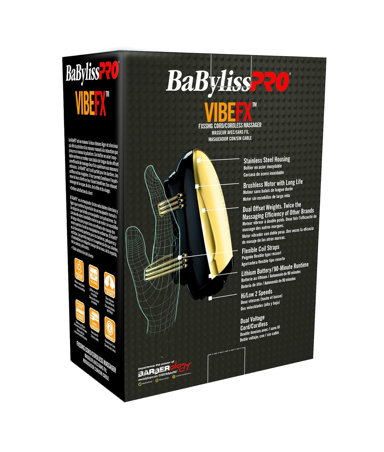 BaBylissPRO VibeFX Gold 2‑Speed Cord/Cordless Professional Massager – FXSSMG