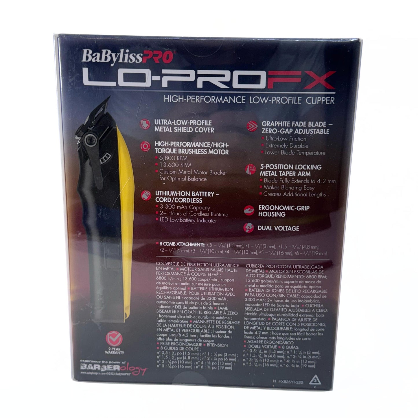 BaBylissPRO Yellow LO-PROFX Cordless Clipper FX825YI with Brushless Motor back of box