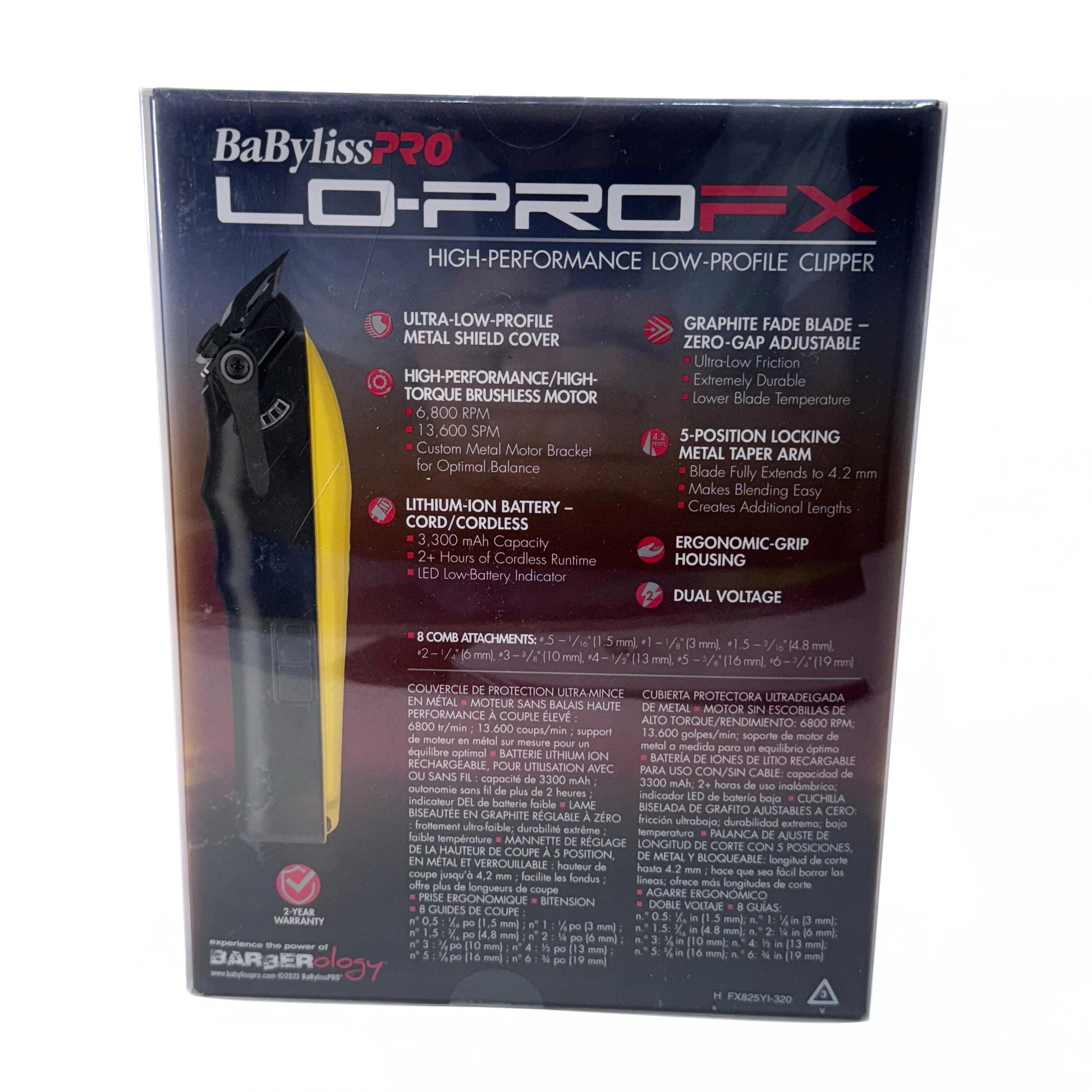 BaBylissPRO Yellow LO-PROFX Cordless Clipper FX825YI with Brushless Motor back of box