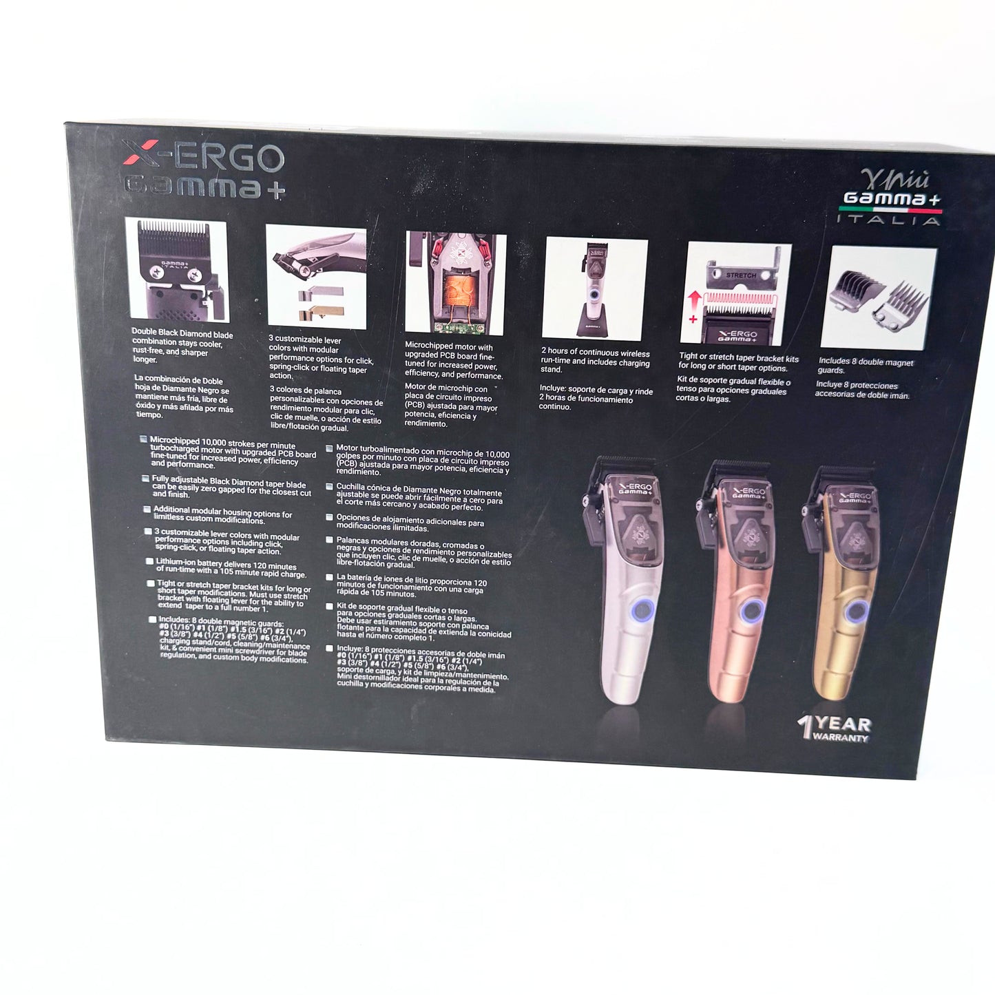 Gamma+ X-ERGO Multicolored Linear Cordless Clipper HCGPXERGOMS back box