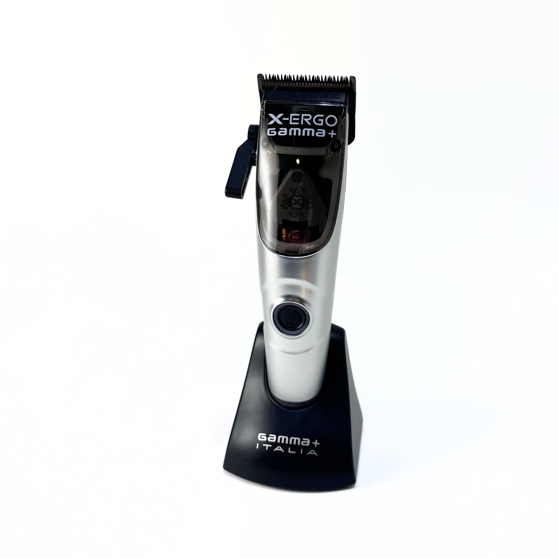 Gamma+ X-ERGO Multicolored Linear Cordless Clipper HCGPXERGOMS clipper on base