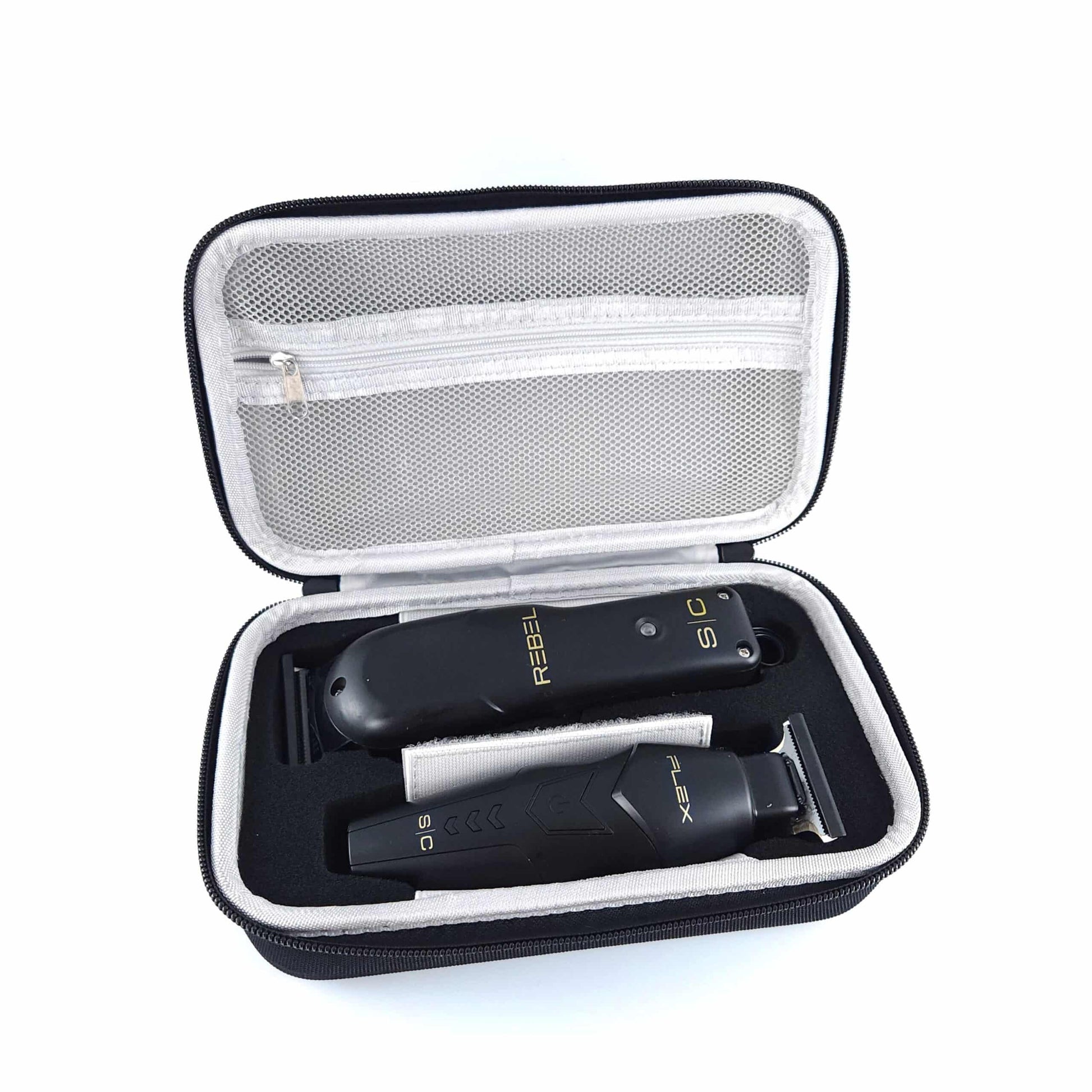 StyleCraft Pro Super Set Black Rebel Clipper & Flex Trimmer SC326B Open Case with Clipper Revealed