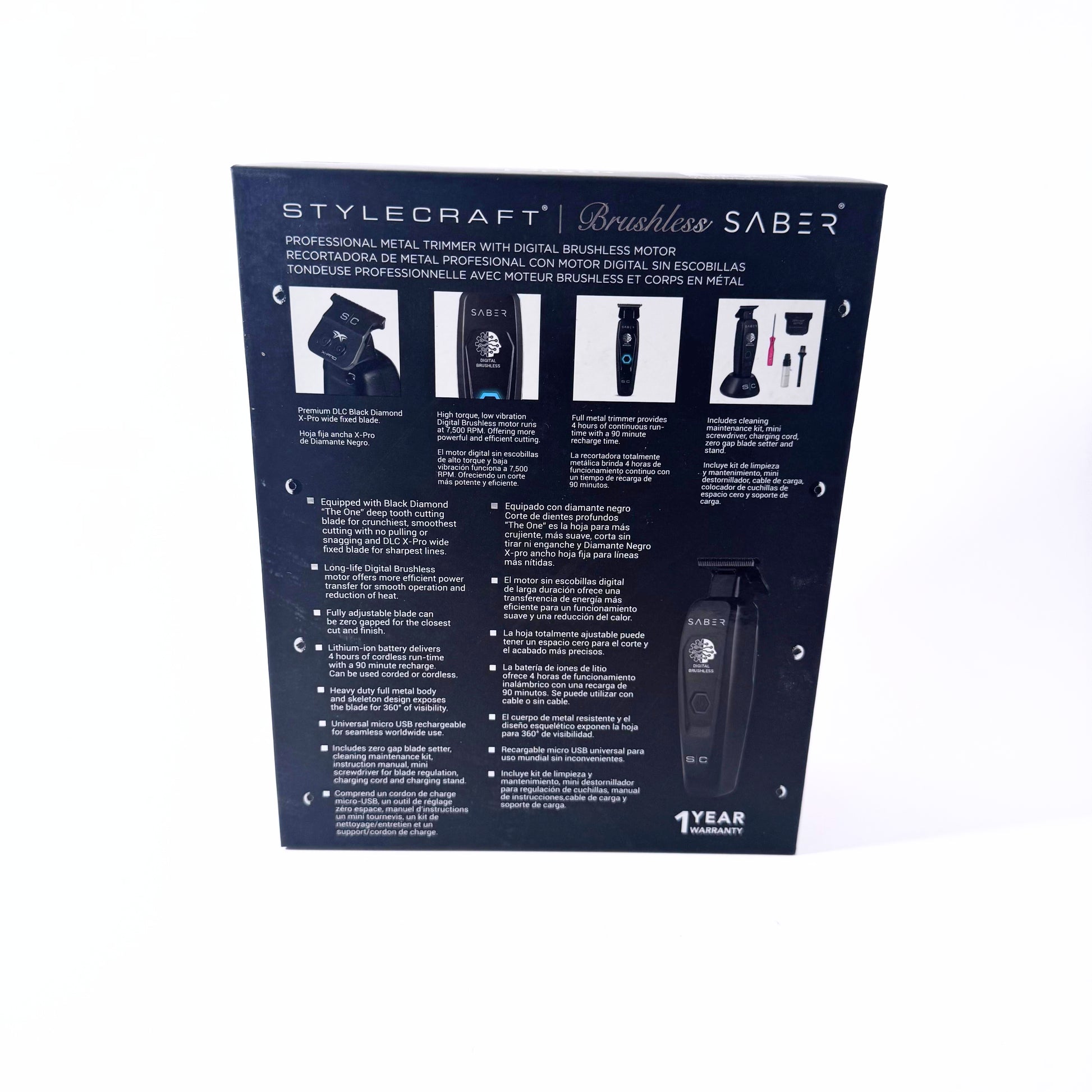 StyleCraft Black Saber Cordless Digital Brushless Trimmer SC403B back of box