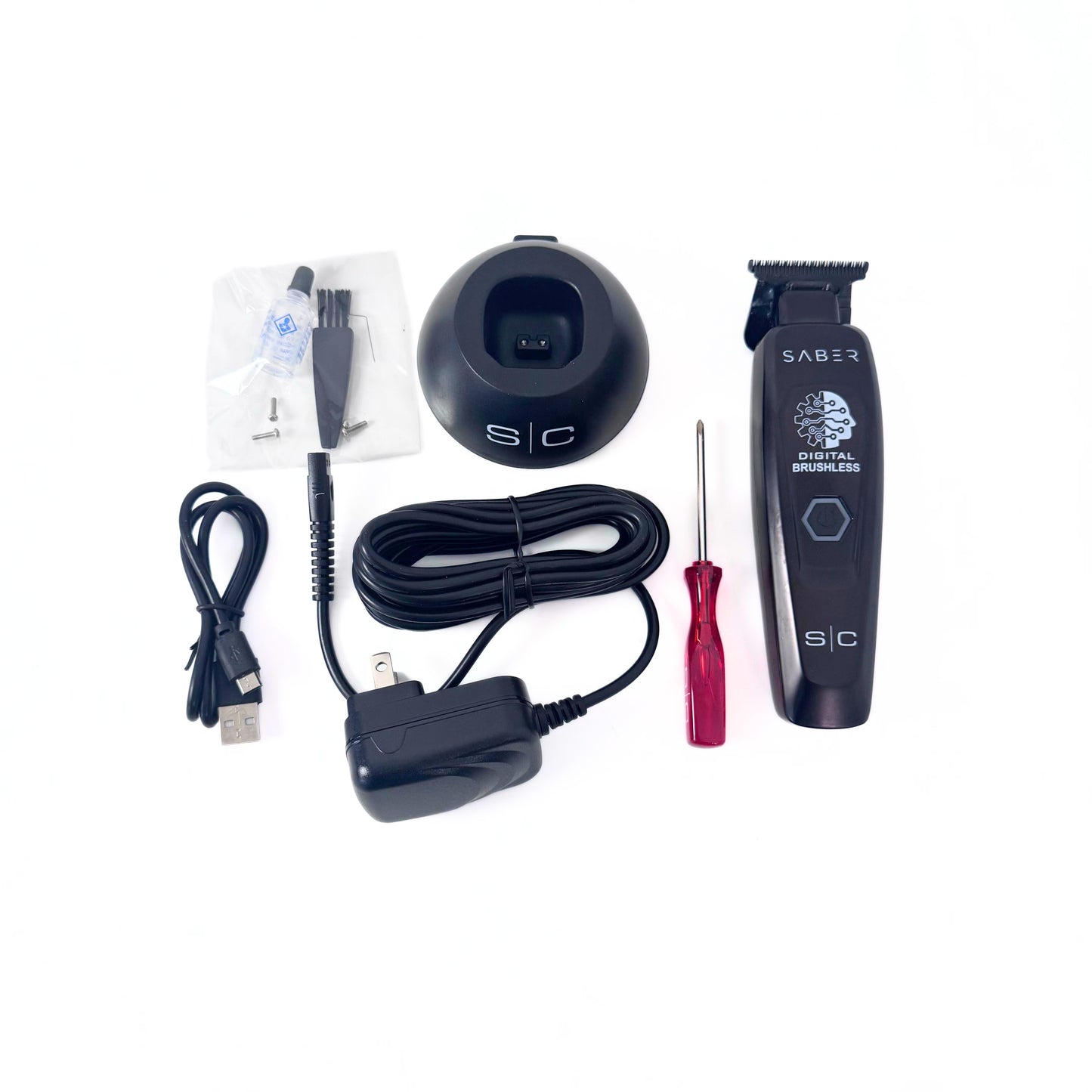StyleCraft Black Saber Cordless Digital Brushless Trimmer SC403B with accessories